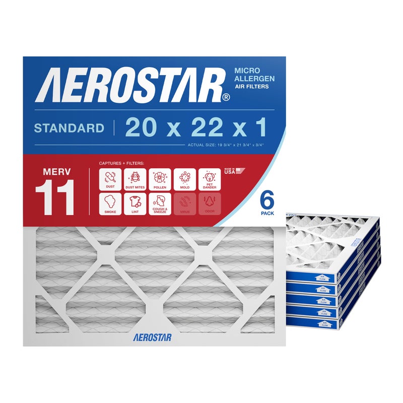 Aerostar 20x22x1 MERV 11 - 6 Count - Pleated HVAC, Furnace & Air Conditioner Filters - Removes Dust, Cold & Flu Germs, Lint, Mold, Pet Dander, Allergy-Causing Pollen, Smog & Smoke - Image 1
